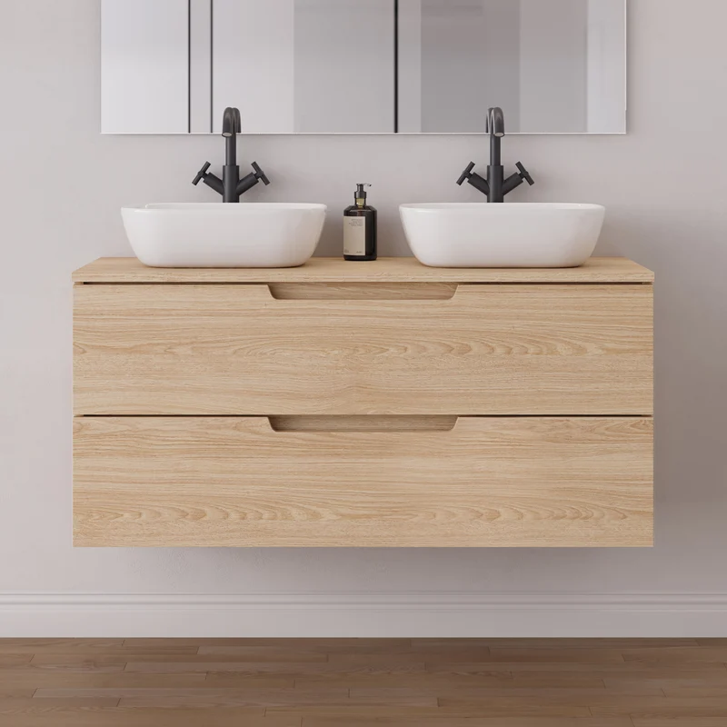 Meuble de salle de bain 120cm avec plateau et 2 vasques à poser arrondies - 2 tiroirs - SONRIZA