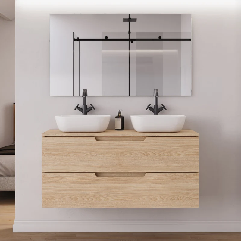 Meuble de salle de bain 120cm avec plateau et 2 vasques à poser arrondies - 2 tiroirs - SONRIZA