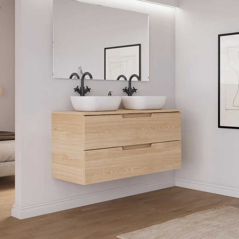 Meuble de salle de bain 120cm avec plateau et 2 vasques à poser arrondies - 2 tiroirs - SONRIZA