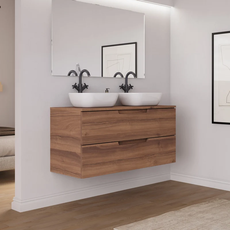 Meuble de salle de bain 120cm avec plateau et 2 vasques à poser arrondies - 2 tiroirs - SONRIZA