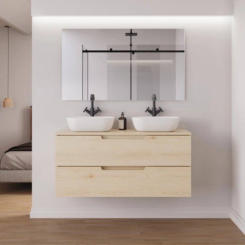 Meuble de salle de bain 120cm avec plateau et 2 vasques à poser arrondies - 2 tiroirs - SONRIZA