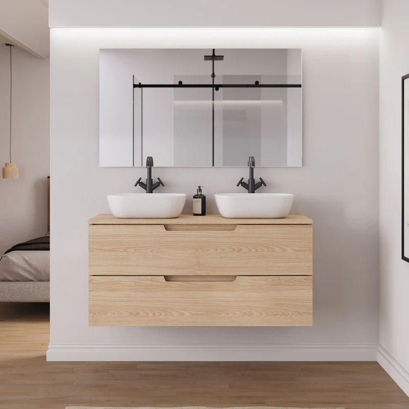 Meuble de salle de bain 120cm avec plateau et 2 vasques à poser arrondies - 2 tiroirs - SONRIZA
