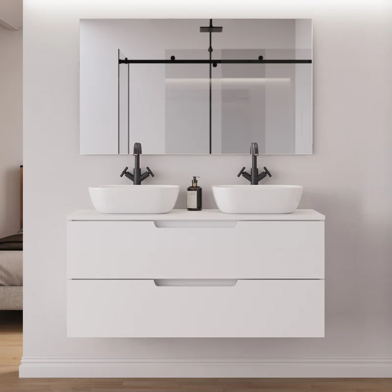 Meuble de salle de bain 120cm avec plateau et 2 vasques à poser arrondies - 2 tiroirs - SONRIZA