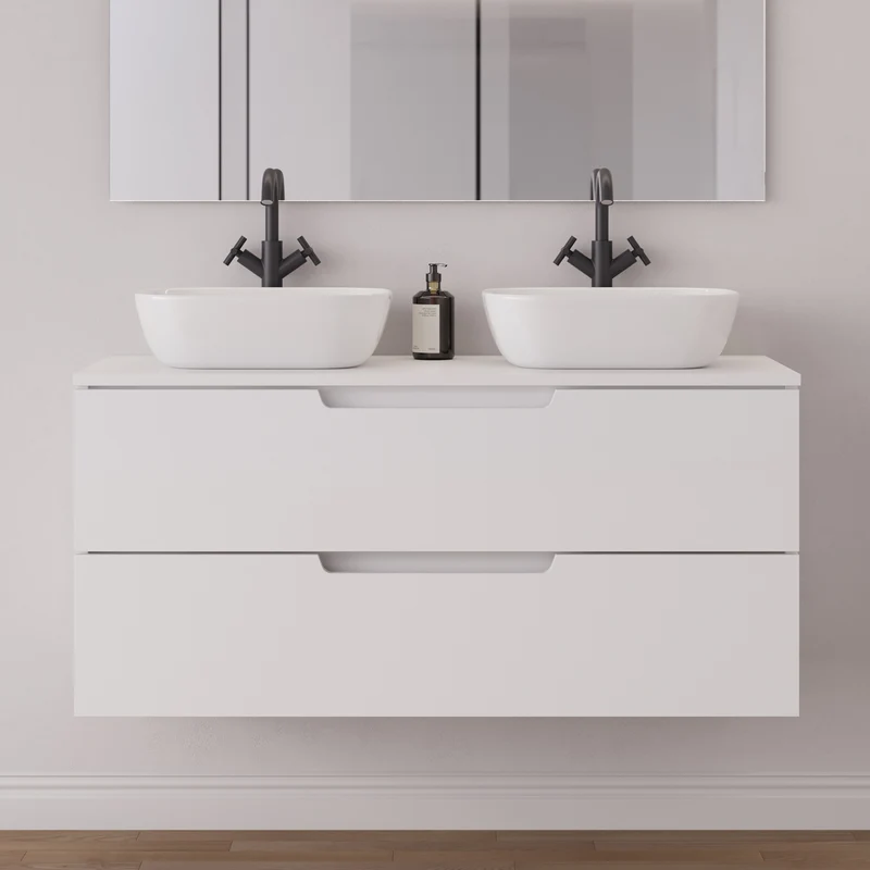 Meuble de salle de bain 120cm avec plateau et 2 vasques à poser arrondies - 2 tiroirs - SONRIZA