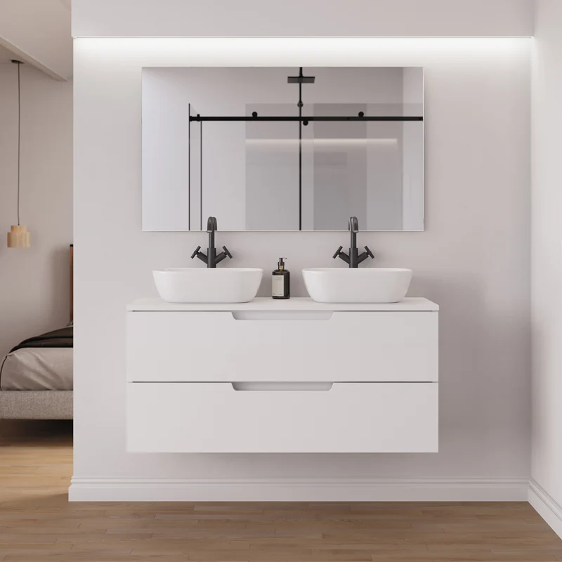 Meuble de salle de bain 120cm avec plateau et 2 vasques à poser arrondies - 2 tiroirs - SONRIZA