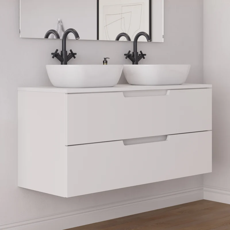 Meuble de salle de bain 120cm avec plateau et 2 vasques à poser arrondies - 2 tiroirs - SONRIZA