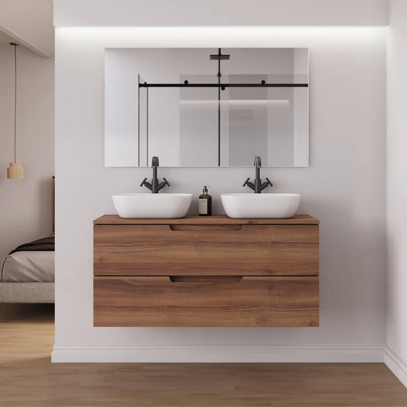 Meuble de salle de bain 120cm avec plateau et 2 vasques à poser arrondies - 2 tiroirs - SONRIZA