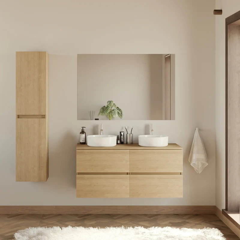 Meuble de salle de bain 120cm avec plateau et 2 vasques à poser rondes - 4 tiroirs - IDA