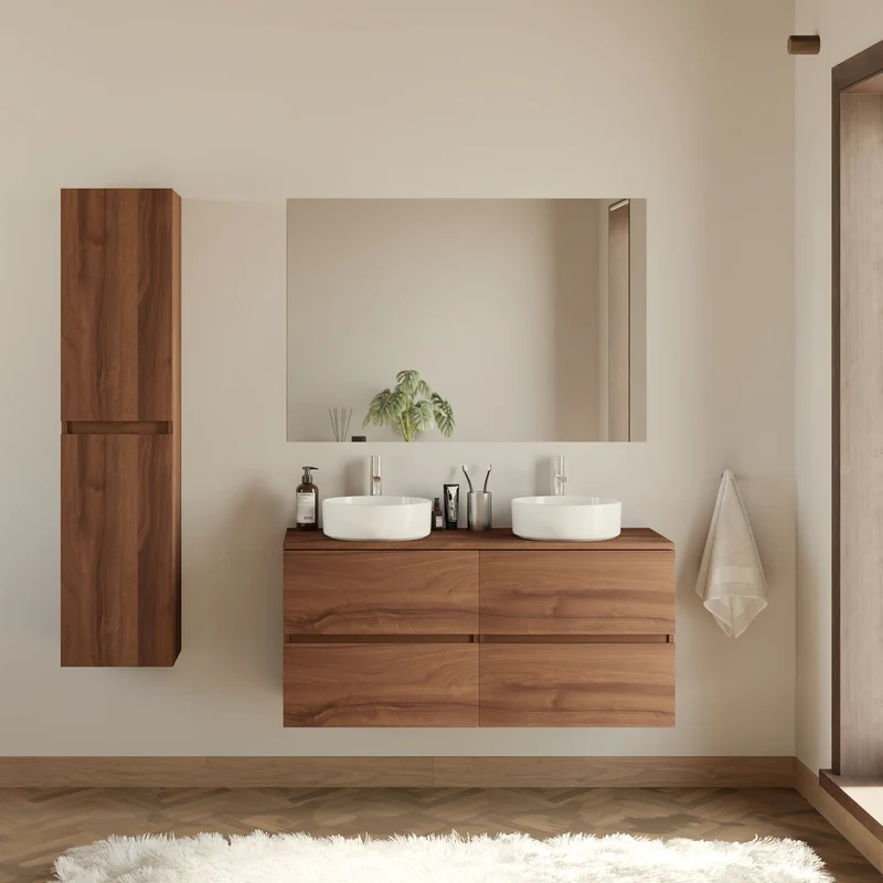 Meuble de salle de bain 120cm avec plateau et 2 vasques à poser rondes - 4 tiroirs - IDA