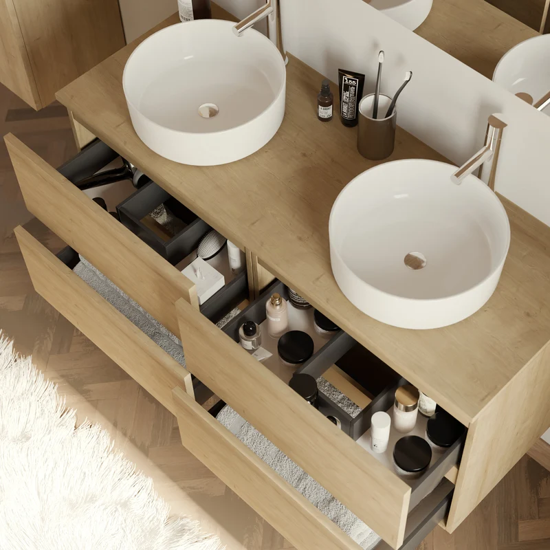 Meuble de salle de bain 120cm avec plateau et 2 vasques à poser rondes - 4 tiroirs - IDA