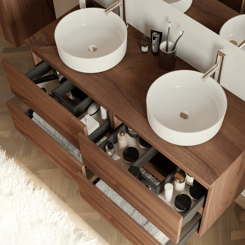 Meuble de salle de bain 120cm avec plateau et 2 vasques à poser rondes - 4 tiroirs - IDA