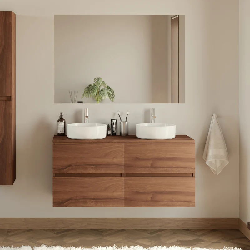 Meuble de salle de bain 120cm avec plateau et 2 vasques à poser rondes - 4 tiroirs - IDA