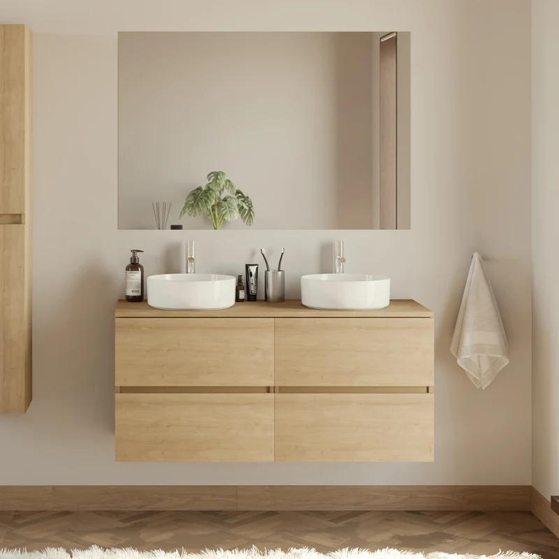Meuble de salle de bain 120cm avec plateau et 2 vasques à poser rondes - 4 tiroirs - IDA