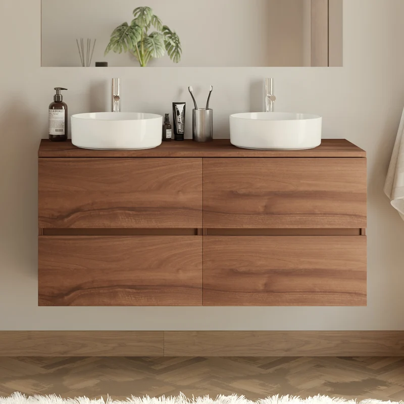 Meuble de salle de bain 120cm avec plateau et 2 vasques à poser rondes - 4 tiroirs - IDA