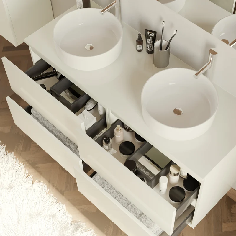 Meuble de salle de bain 120cm avec plateau et 2 vasques à poser rondes - 4 tiroirs - IDA