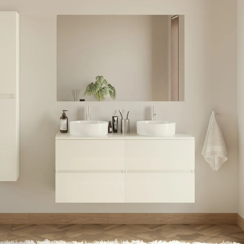 Meuble de salle de bain 120cm avec plateau et 2 vasques à poser rondes - 4 tiroirs - IDA