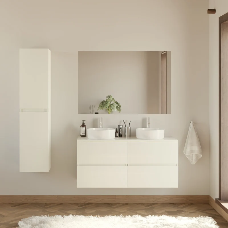 Meuble de salle de bain 120cm avec plateau et 2 vasques à poser rondes - 4 tiroirs - IDA
