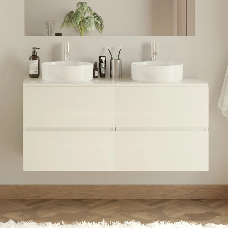 Meuble de salle de bain 120cm avec plateau et 2 vasques à poser rondes - 4 tiroirs - IDA