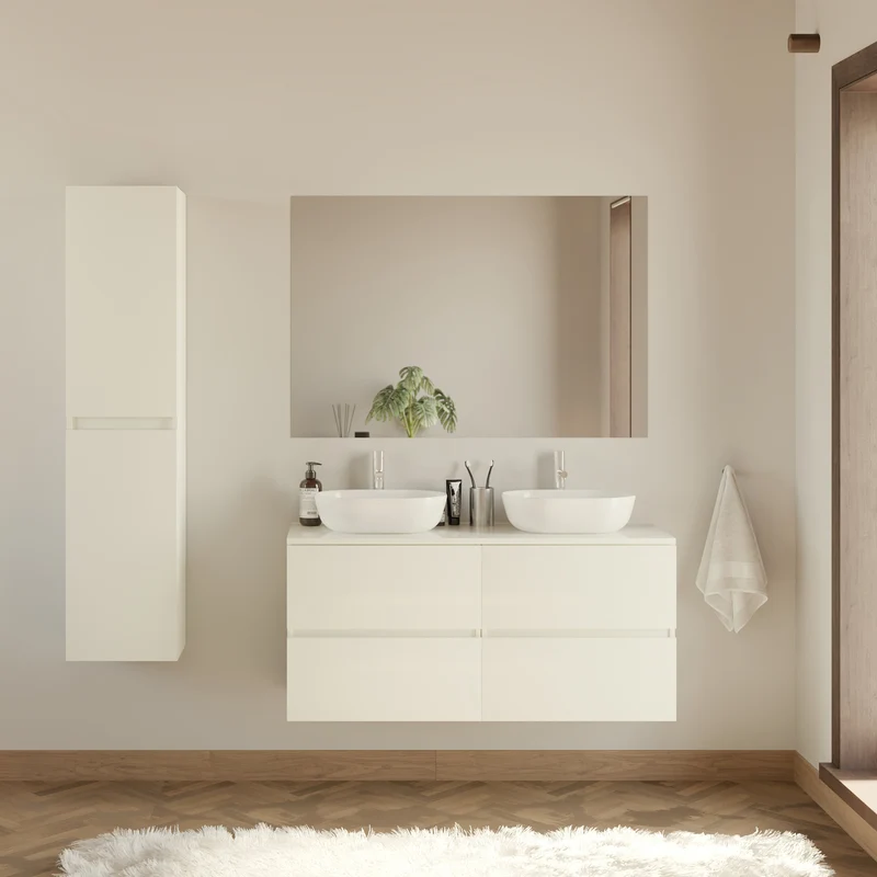 Meuble de salle de bain 140cm avec plateau et 2 vasques à poser arrondies - 4 tiroirs - IDA