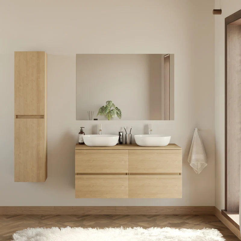 Meuble de salle de bain 140cm avec plateau et 2 vasques à poser arrondies - 4 tiroirs - IDA