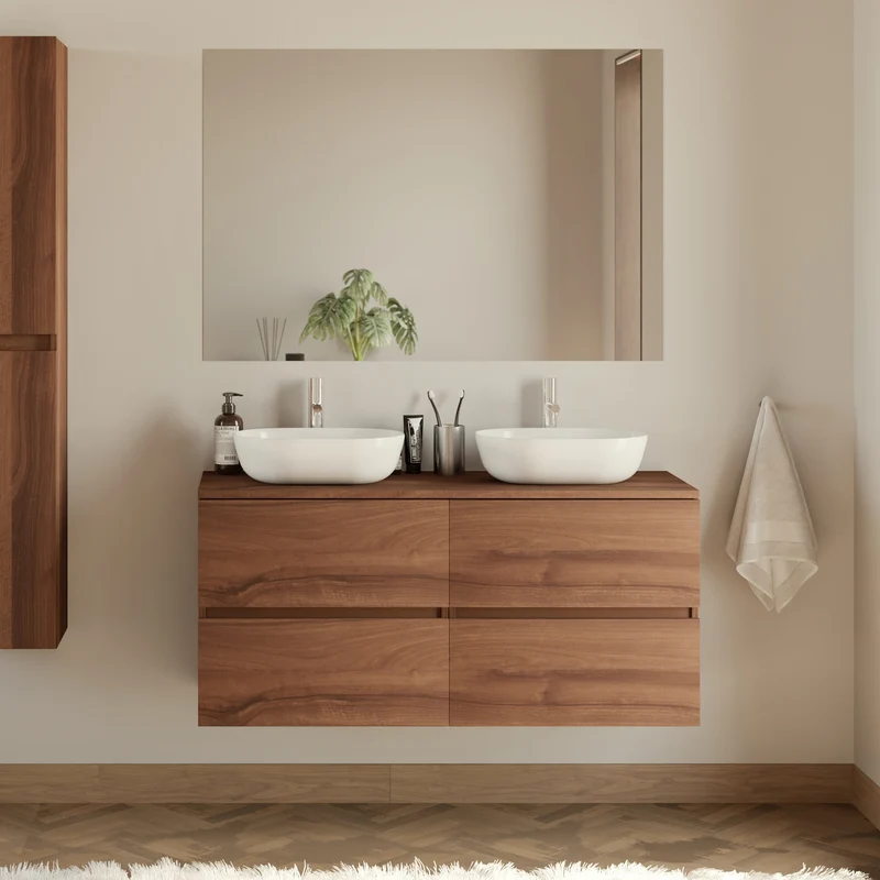 Meuble de salle de bain 140cm avec plateau et 2 vasques à poser arrondies - 4 tiroirs - IDA
