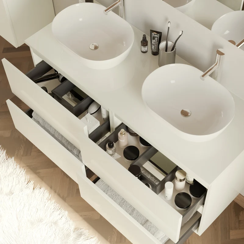 Meuble de salle de bain 140cm avec plateau et 2 vasques à poser arrondies - 4 tiroirs - IDA
