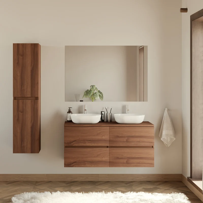 Meuble de salle de bain 140cm avec plateau et 2 vasques à poser arrondies - 4 tiroirs - IDA