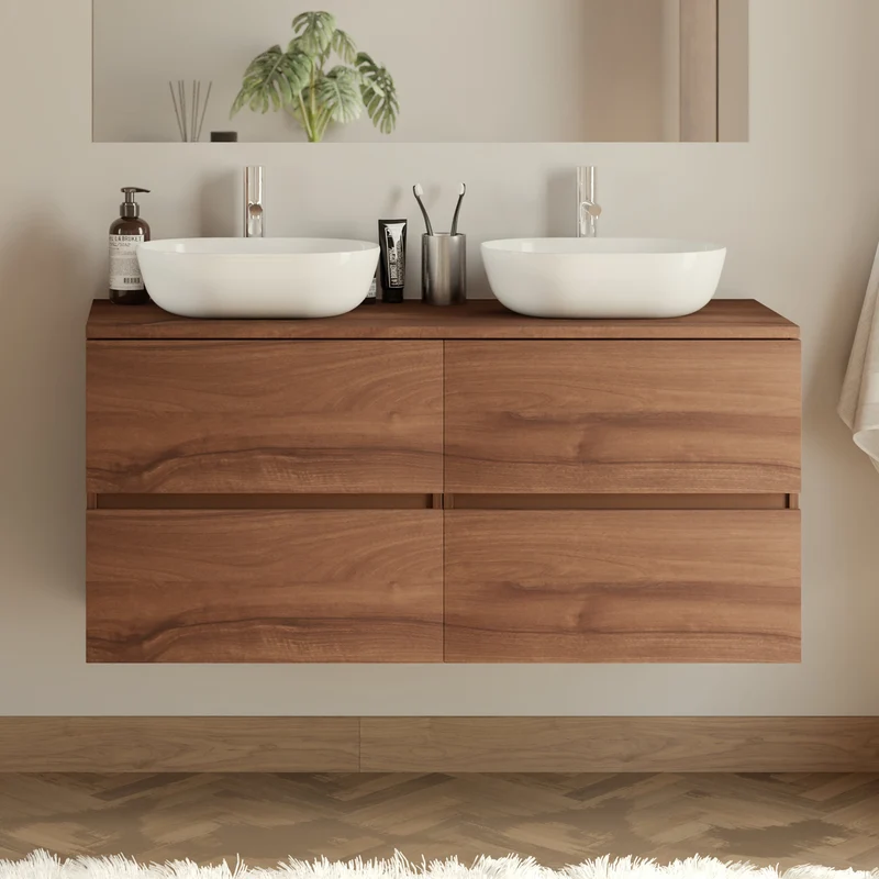 Meuble de salle de bain 140cm avec plateau et 2 vasques à poser arrondies - 4 tiroirs - IDA