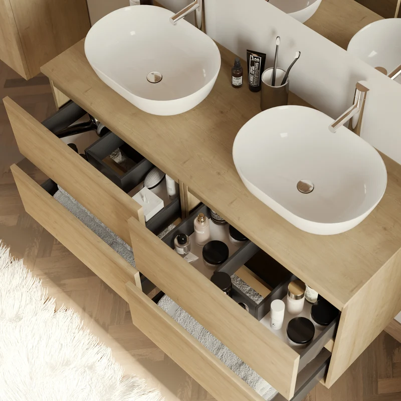 Meuble de salle de bain 140cm avec plateau et 2 vasques à poser arrondies - 4 tiroirs - IDA