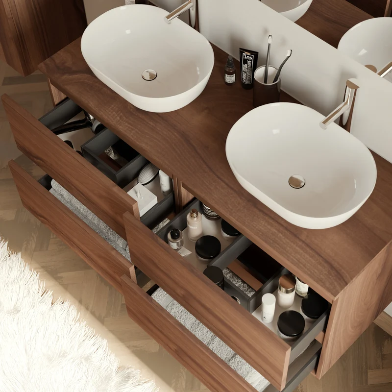 Meuble de salle de bain 140cm avec plateau et 2 vasques à poser arrondies - 4 tiroirs - IDA