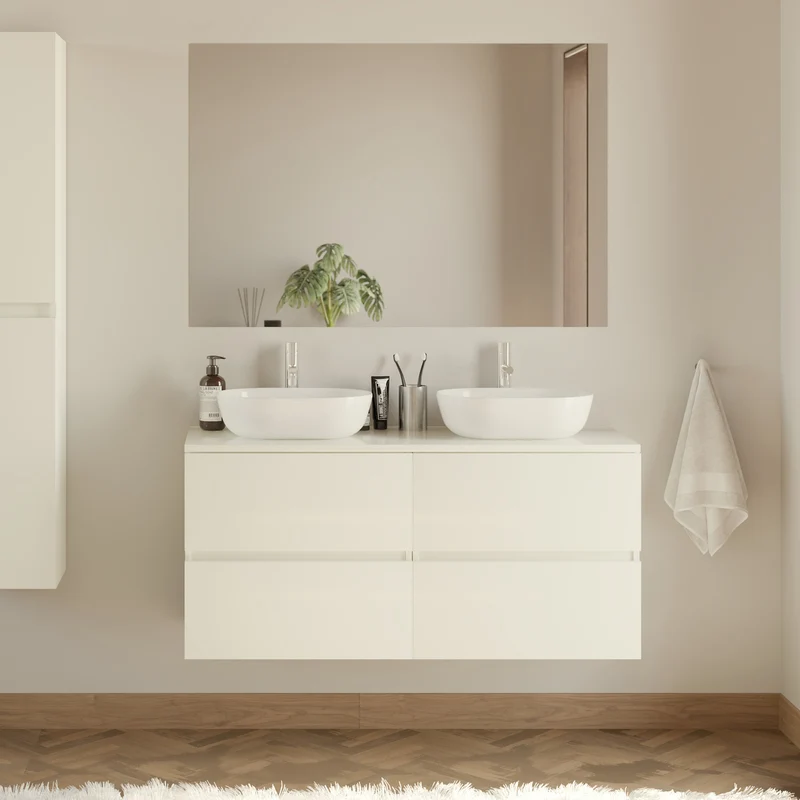 Meuble de salle de bain 140cm avec plateau et 2 vasques à poser arrondies - 4 tiroirs - IDA