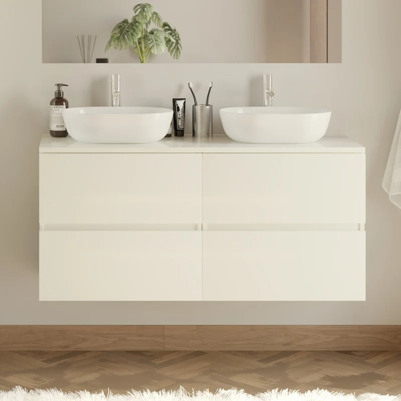 Meuble de salle de bain 140cm avec plateau et 2 vasques à poser arrondies - 4 tiroirs - IDA