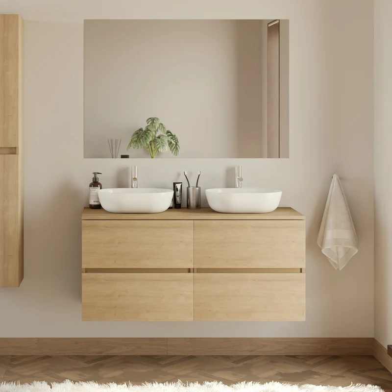 Meuble de salle de bain 140cm avec plateau et 2 vasques à poser arrondies - 4 tiroirs - IDA