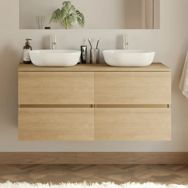 Meuble de salle de bain 140cm avec plateau et 2 vasques à poser arrondies - 4 tiroirs - IDA