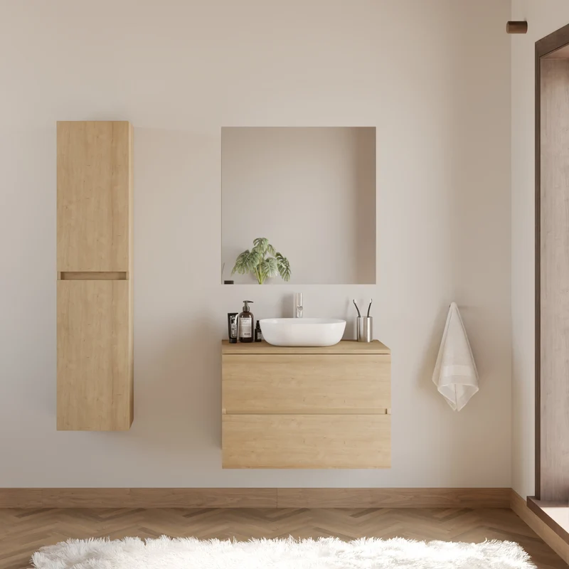 Meuble de salle de bain 80cm avec plateau et vasque à poser arrondie - 2 tiroirs - IDA