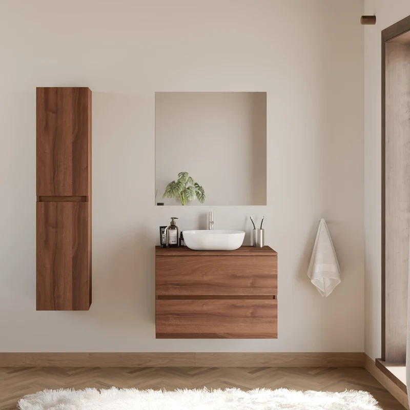 Meuble de salle de bain 80cm avec plateau et vasque à poser arrondie - 2 tiroirs - IDA