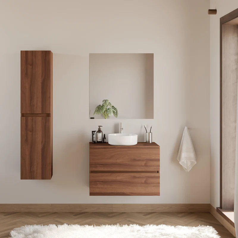 Meuble de salle de bain 70cm avec plateau et vasque à poser ronde - 2 tiroirs - IDA