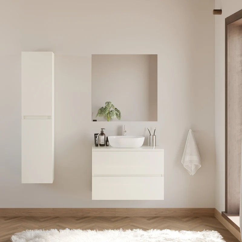 Meuble de salle de bain 80cm avec plateau et vasque à poser arrondie - 2 tiroirs - IDA