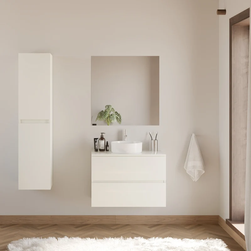 Meuble de salle de bain 70cm avec plateau et vasque à poser ronde - 2 tiroirs - IDA