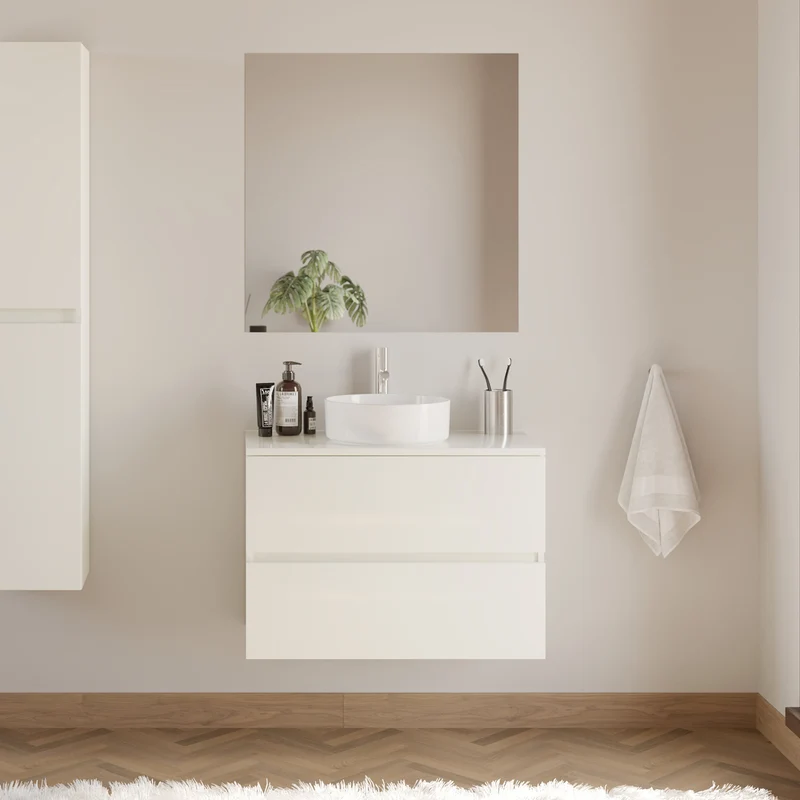 Meuble de salle de bain 70cm avec plateau et vasque à poser ronde - 2 tiroirs - IDA