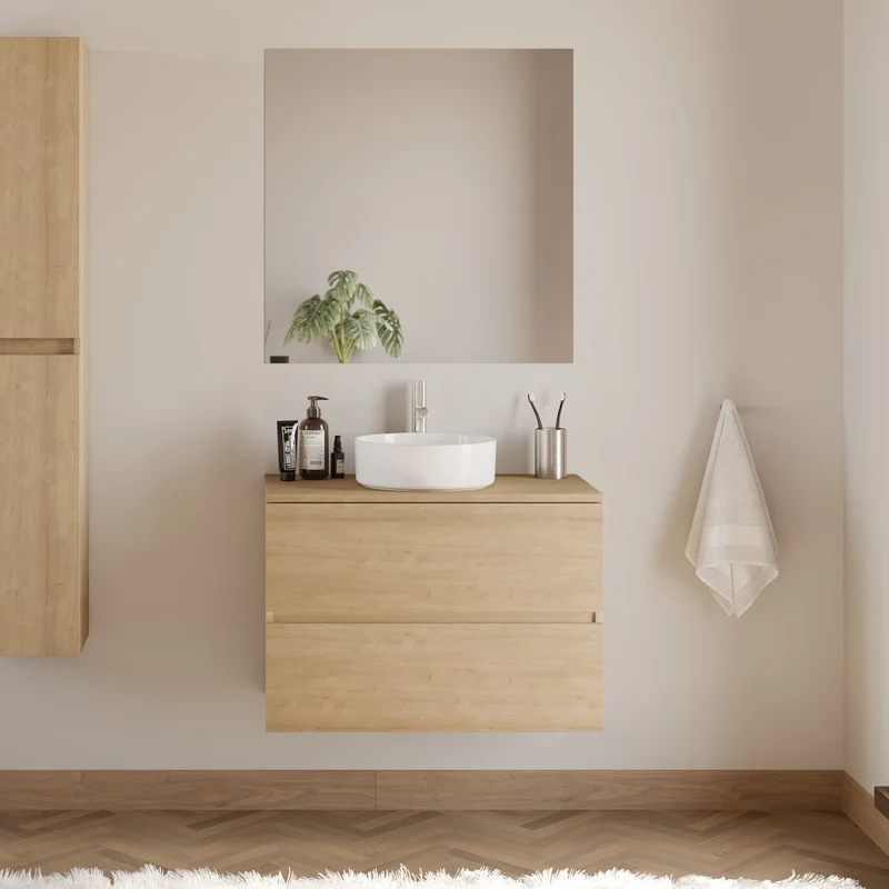 Meuble de salle de bain 70cm avec plateau et vasque à poser ronde - 2 tiroirs - IDA