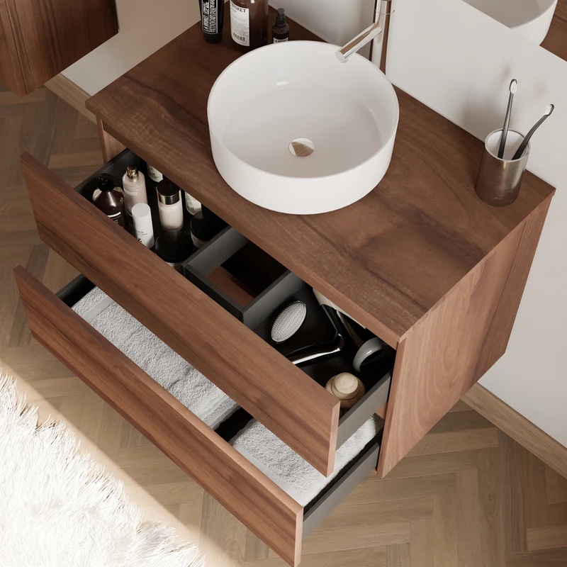 Meuble de salle de bain 70cm avec plateau et vasque à poser ronde - 2 tiroirs - IDA