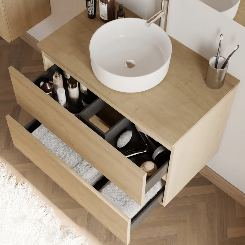 Meuble de salle de bain 70cm avec plateau et vasque à poser ronde - 2 tiroirs - IDA