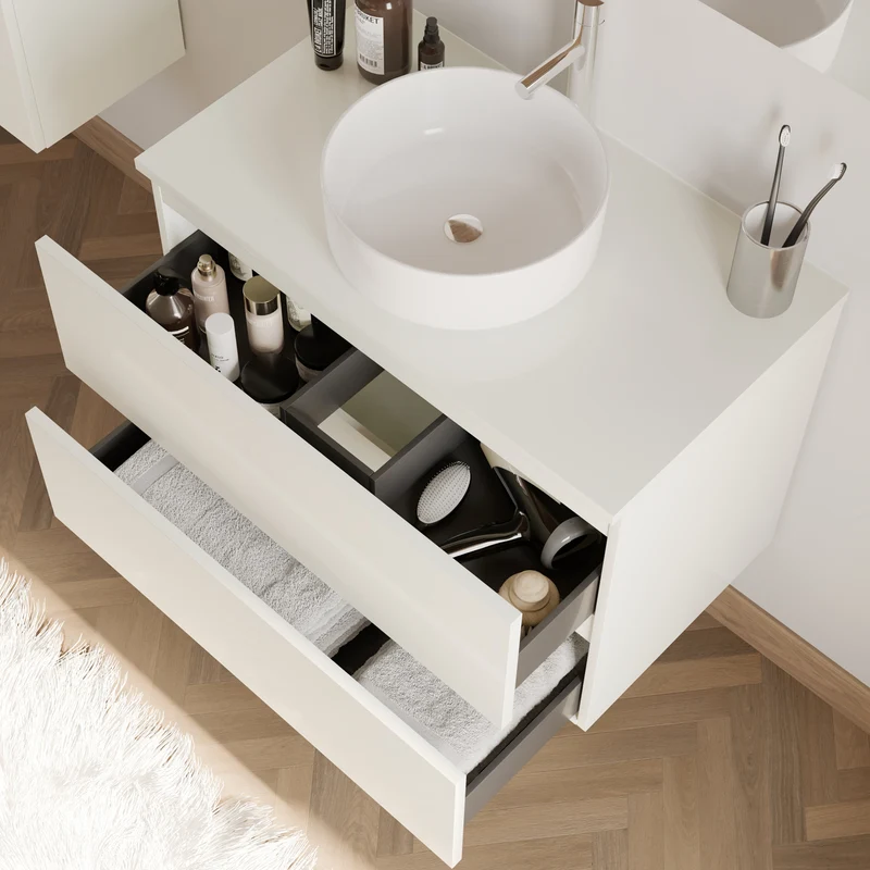 Meuble de salle de bain 70cm avec plateau et vasque à poser ronde - 2 tiroirs - IDA