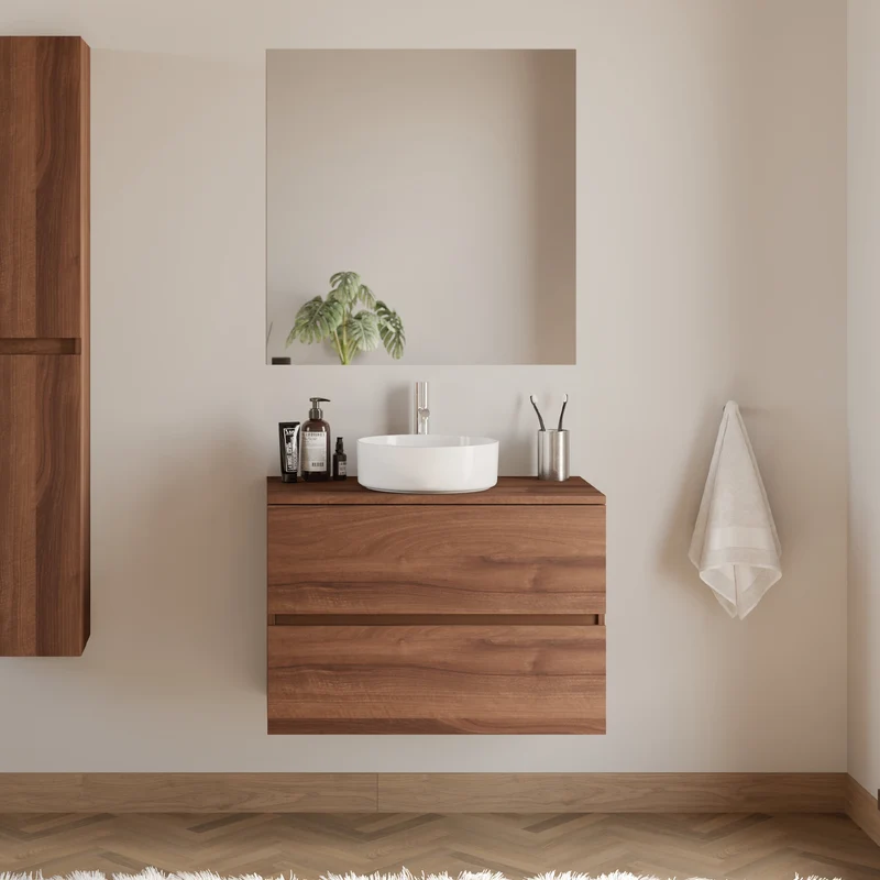 Meuble de salle de bain 70cm avec plateau et vasque à poser ronde - 2 tiroirs - IDA