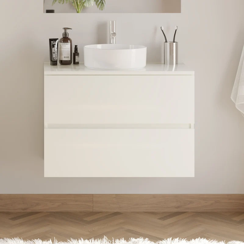 Meuble de salle de bain 70cm avec plateau et vasque à poser ronde - 2 tiroirs - IDA