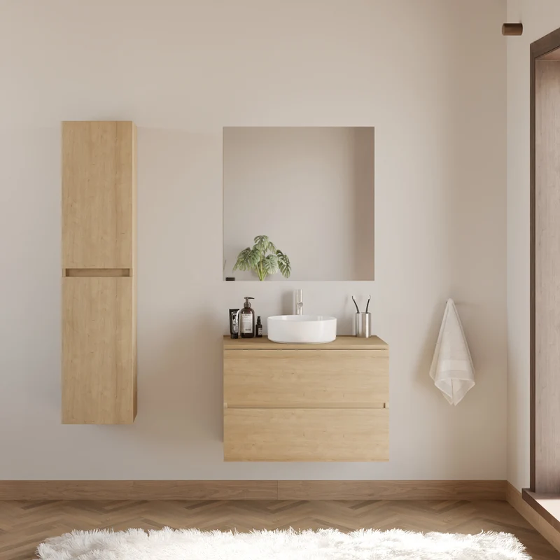 Meuble de salle de bain 70cm avec plateau et vasque à poser ronde - 2 tiroirs - IDA