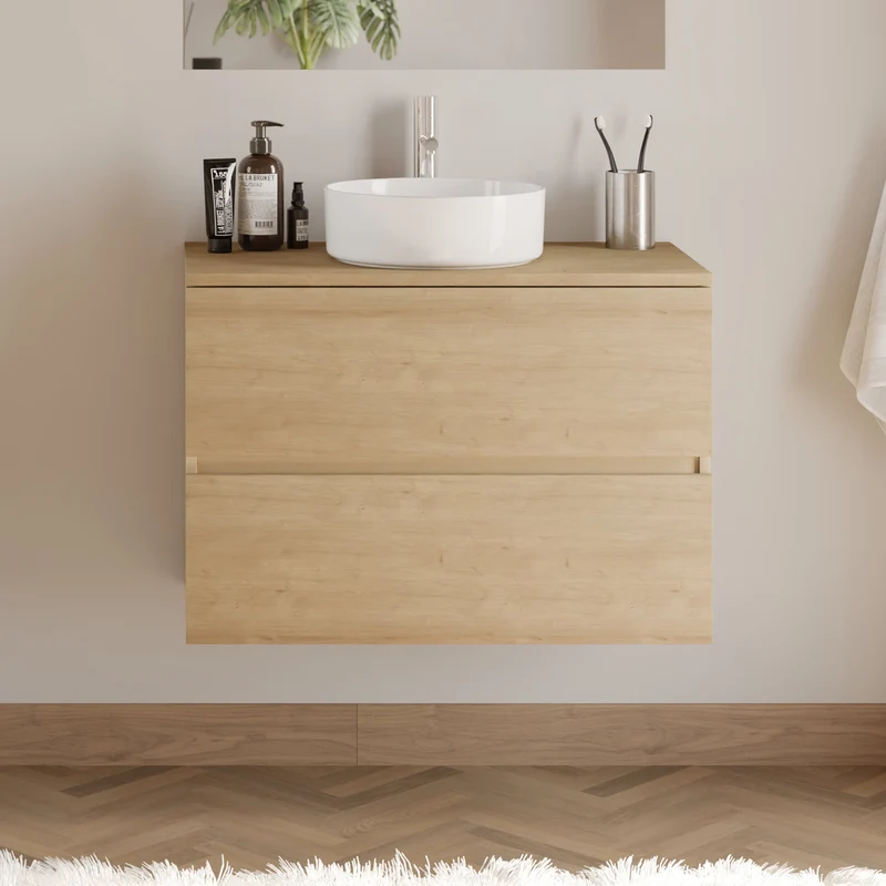 Meuble de salle de bain 70cm avec plateau et vasque à poser ronde - 2 tiroirs - IDA
