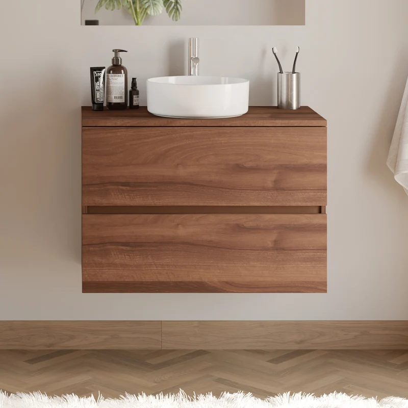 Meuble de salle de bain 70cm avec plateau et vasque à poser ronde - 2 tiroirs - IDA
