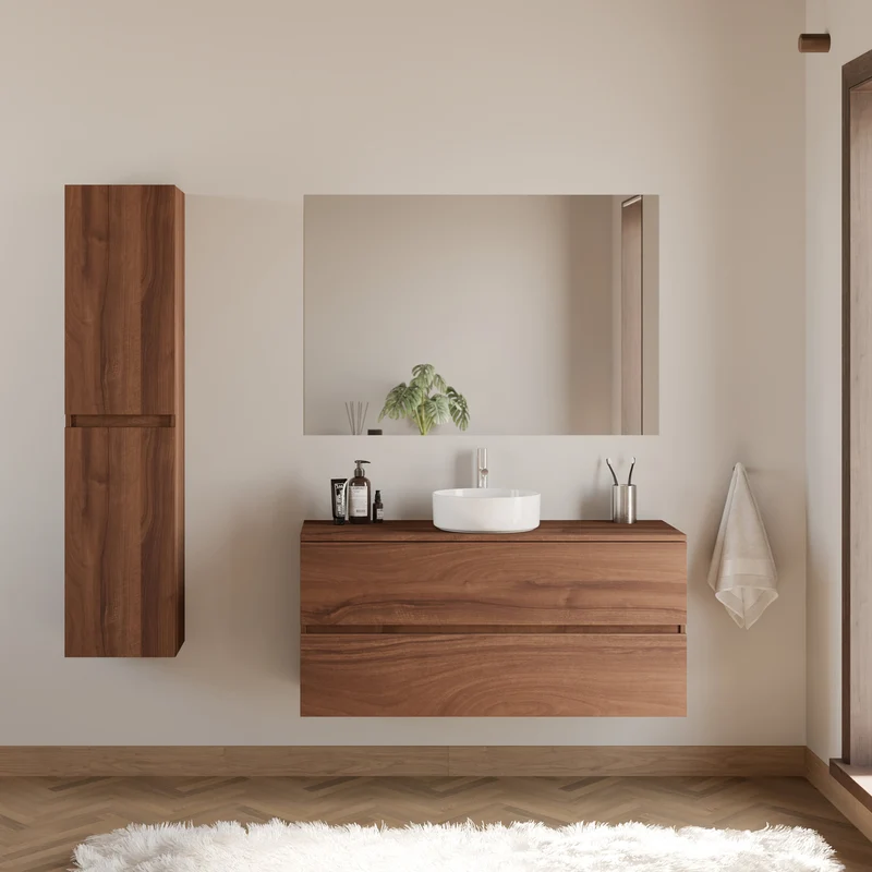 Meuble de salle de bain 120cm avec plateau et vasque à poser ronde - 2 tiroirs - IDA